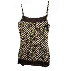 Maurices Babydoll Camisole Womens Small Tank Green Print Brown Lace Feminine Y2K